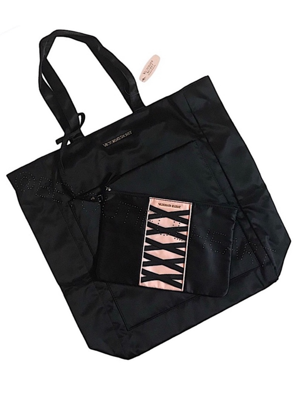 Victoria's Secret Forever Sexy Black Satin Tote with Corset Wristlet/Clutch